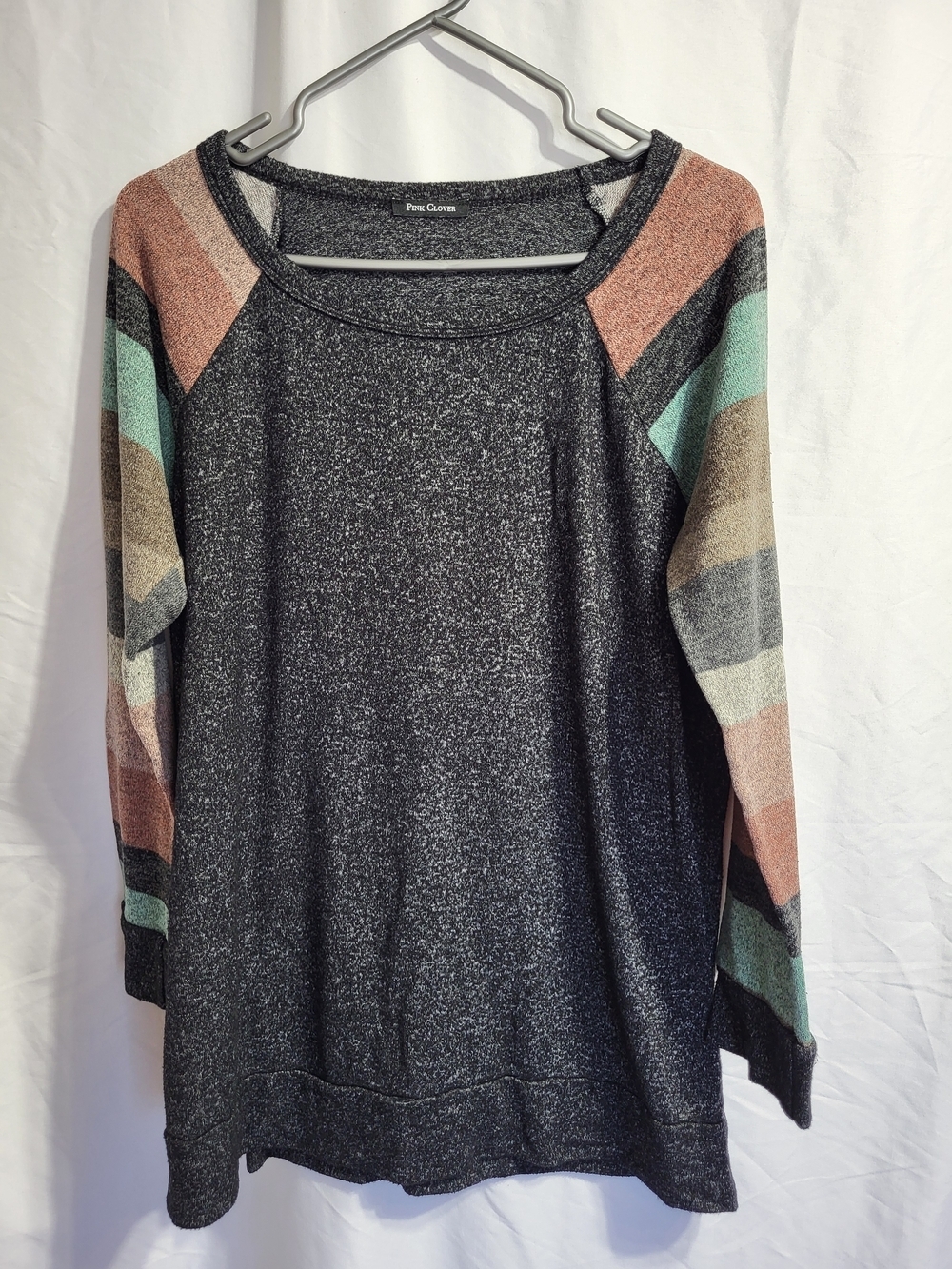 Pink Clover Sparkle Black Pullover with Colorblock Sleeves, Size Large